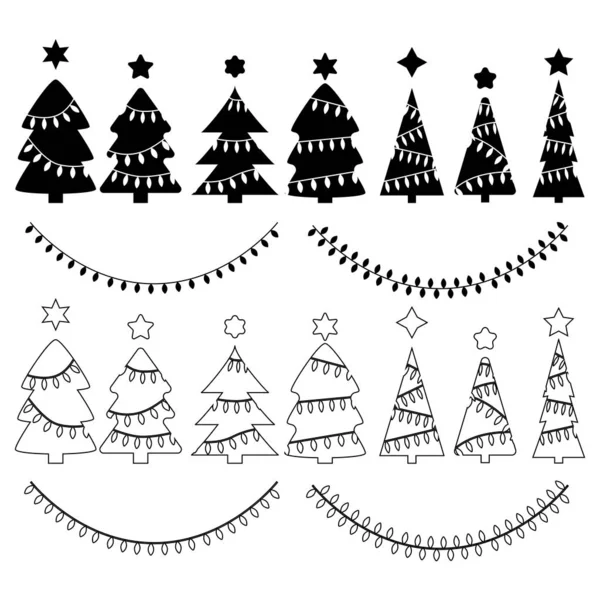 Iconos vectoriales de los árboles de Navidad y guirnaldas — Archivo Imágenes Vectoriales