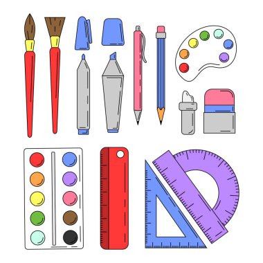 Karikatür tarzında okul araçları seti 