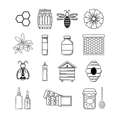Propolis nesneleri kümesi. Vektör anahat simgeleri. 