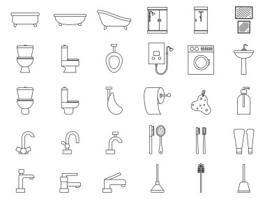 Sıhhi tesisat vektör simgeleri kümesi. Tasarım ve web için anahat işaretleri.