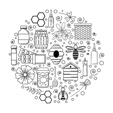 Propolis kartı konsepti. Tasarım ve web için vektör bal illüstrasyonu