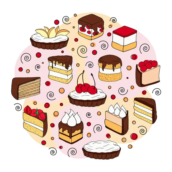 Conceito de cartão de sobremesa. Ilustração de bolos para design e web —  Vetores de Stock