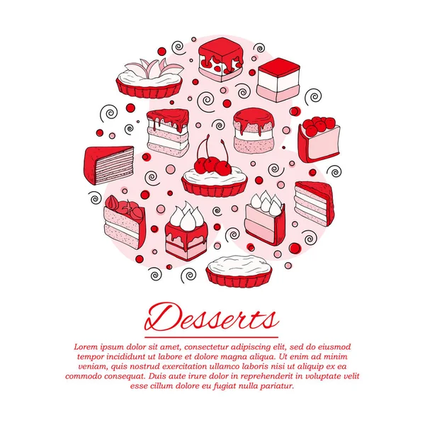 Conceito de cartão de sobremesa. Ilustração de bolos para design e web — Vetor de Stock