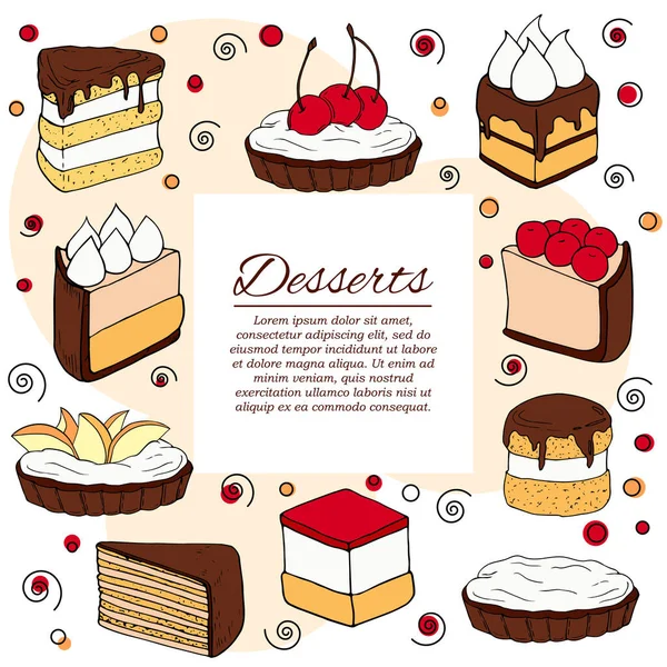 Concept de carte de dessert. Illustration de gâteaux pour le design et le web — Image vectorielle