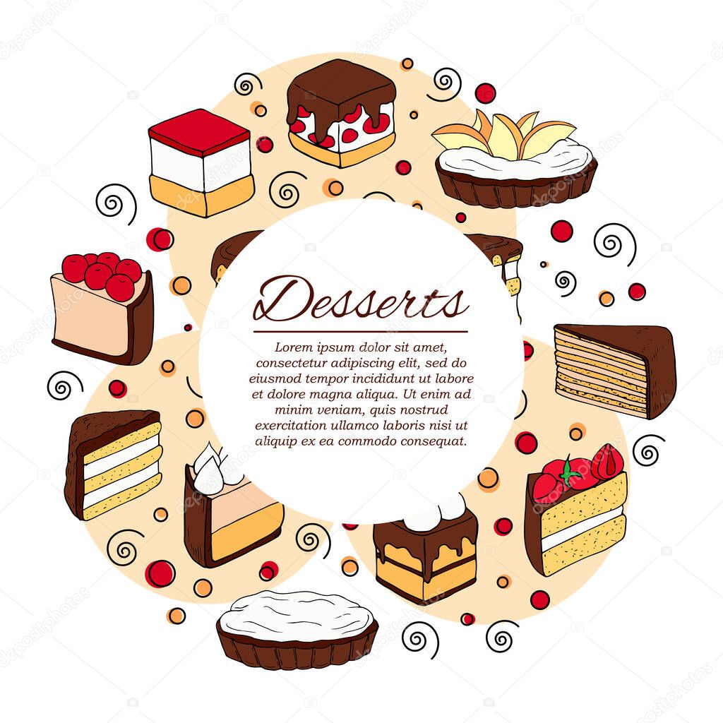 Dessert card concept. Cakes illustration for design and web