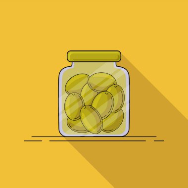 Uzun gölgeli zeytinli kavanozun düz çizimi. Tasarım, ağ ve dekor için vektör illüstrasyonu