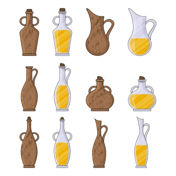 Ensemble de bouteilles et de cruches d'argile avec de l'huile d'olive en style dessin animé. Illustration vectorielle pour le design, le web et le décor — Image vectorielle