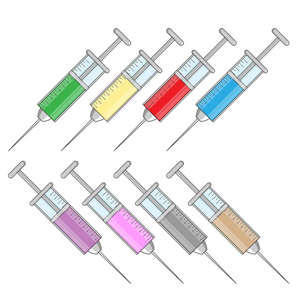 Uppsättning läkemedelssprutor i platt stil. Vektorsjukvård illustration för design — Stock vektor