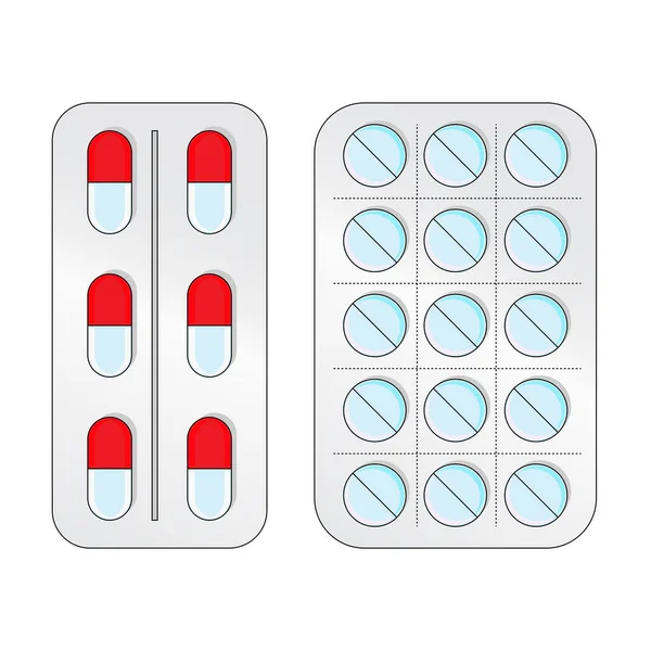 フラットスタイルで錠剤とブリスター。デザインのためのタブレットイラスト — ストックベクタ