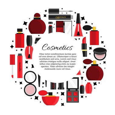 Vektör düz kozmetik ve güzellik kartı konsepti. Tasarım illüstrasyonu
