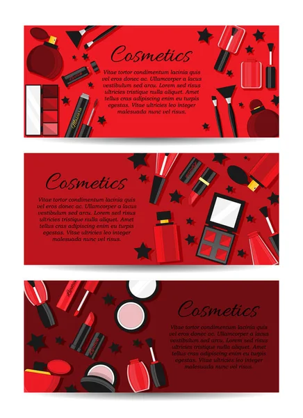 Üç vektör kozmetik pankart seti. Tasarım için vektör makyaj kartı kavramı — Stok Vektör
