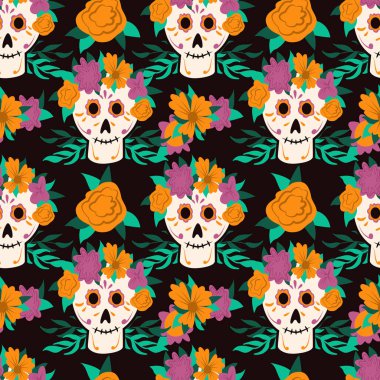 Dia de Los Muertos. Geleneksel Meksika Cadılar Bayramı vektörü düz çizgi film deseni. Çiçek süslemeli. Şeker kafa, iskelet kafa Ölüler Günü için.
