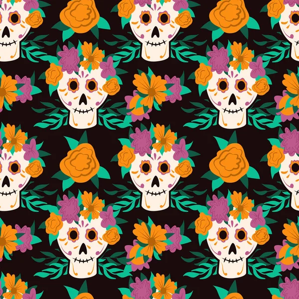 Dia de Los Muertos. Geleneksel Meksika Cadılar Bayramı vektörü düz çizgi film deseni. Çiçek süslemeli. Şeker kafa, iskelet kafa Ölüler Günü için.