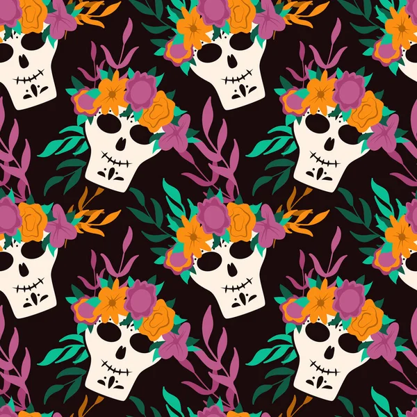 Dia de Los Muertos. Geleneksel Meksika Cadılar Bayramı vektörü düz çizgi film deseni. Çiçek süslemeli. Şeker kafa, iskelet kafa Ölüler Günü için.