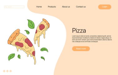 Pizza dilimi vektör çizgi film iniş sayfası tasarımı. Eritilmiş peynirli ve pepperonili İtalyan fast food. Avrupa yemeği. Lokanta, kafe, web tasarımı için parlak renkli lezzetli fast food konsepti.