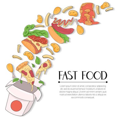 Fast food vektör karikatür konsepti ve el çizimi harfler. Nugget, kızarmış tavuk, patates kızartması, wok, kola, kahve, bira, pizza, taco, sosisli, ketçap ve hardal çizimi..