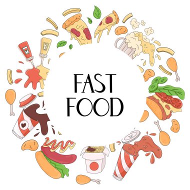 Fast food vektör karikatür konsepti ve el çizimi harfler. Nugget, kızarmış tavuk, patates kızartması, wok, kola, kahve, bira, pizza, taco, sosisli, ketçap ve hardal çizimi..