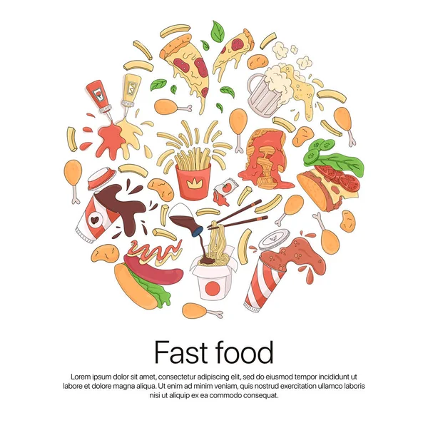 Fast food vektör karikatür konsepti ve el çizimi harfler. Nugget, kızarmış tavuk, patates kızartması, wok, kola, kahve, bira, pizza, taco, sosisli, ketçap ve hardal çizimi..