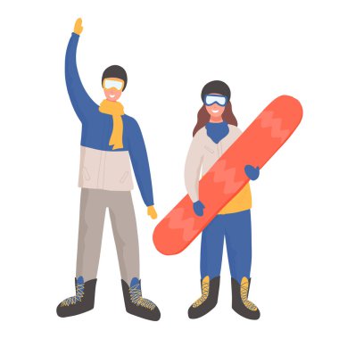 Kış sporu kıyafetleri içinde iki mutlu genç ellerinde snowboard ve vektör karikatür çizimleri tutuyorlar. Erkek ve kadın düz karakterler. Tasarım ve web için kayak merkezi kavramı.