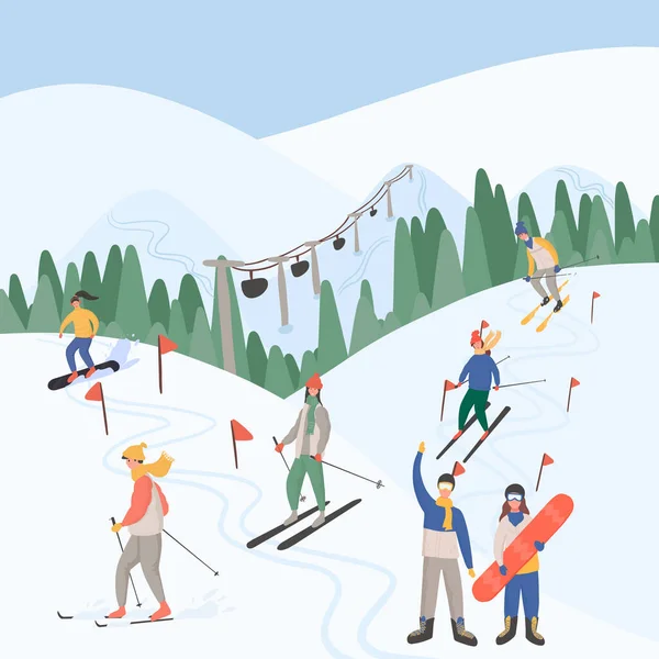 Kış kayak merkezi manzarası ve kış aktiviteleri konsepti yapan insanlar. Alpler, köknar ağaçları, kayak kaldırma, geniş panoramik arka plan. İnsanlar kayak, snowboard, paten yapıyor..