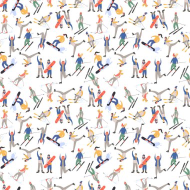 Kış sporu aktiviteleri düz çizgi film dizilimi. Kış kıyafetleri giymiş insanlar kış aktiviteleri yapıyor. Erkek ve kadın snowboard, kayak, sıcak spor kıyafetleriyle kayak,.