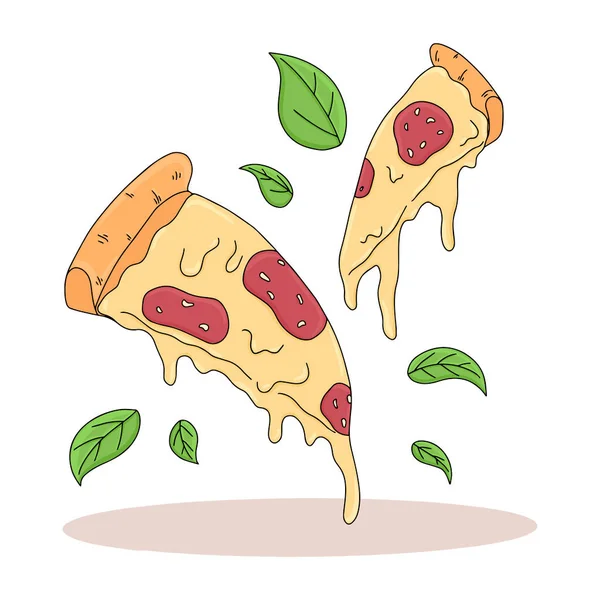 Pizza fetta vettore cartone animato illustrazione. Fast food italiano con formaggio fuso e peperoni e foglie di basilico. — Vettoriale Stock