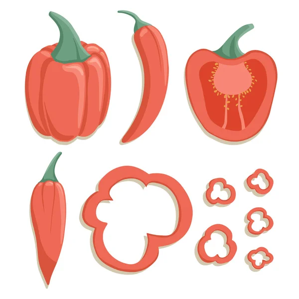 Vektor Paprika Gyűjtemény Rajzfilm Stílusban Világos Chili Paprika Zöldségek Elszigetelt — Stock Vector