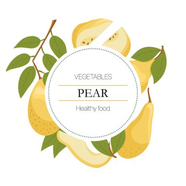 Vektör armut dilimleri ve sonbahar tarım pazarı tasarımı için çizgi film tarzında yuvarlak arkaplan bırakır.