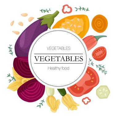 Vektör sebzeler, domatesler, avokado, dolma biber, kabak, balkabağı, patlıcan, pancar, yuvarlak arka plan.