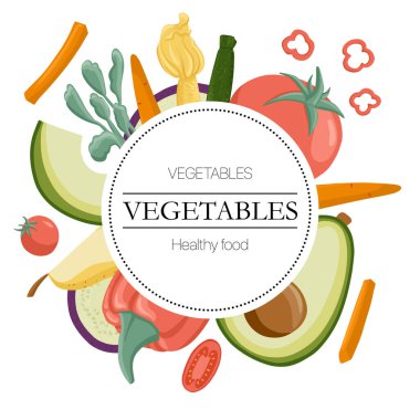 Metin alanı olan vektör sebzeler. Domates, avokado, havuç, dolma biber, patlıcan....
