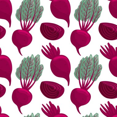 Çizgi film tarzında vektör pancarı kusursuz desen. Yapraklı ve pancar dilimli sağlıklı organik pancarlar..