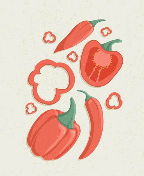 Illustration vectorielle de dessin animé de poivrons avec textures. Tranches de piment et de poivron bio sain. — Image vectorielle