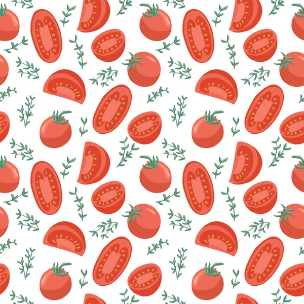 Vektor tomater sömlösa mönster i tecknad stil. Friska ekologiska körsbär med rosmarin och tomatskivor. — Stock vektor