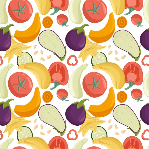Векторные овощи без швов в стиле мультфильма. Яркие помидоры, перец, цуккини, тыква, баклажаны. — стоковый вектор