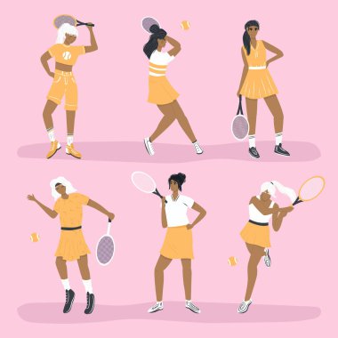 Bir grup sevimli tenis oyuncusu. Spor elbiseli kadınlar tenis raketi taşıyıcısı düz çizgi film resimleriyle büyük tenis oynuyorlar. Spor kulübü, fitness, sosyal medya tasarımı için kadın spor karakterleri.