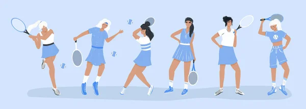 Set Pemain Tenis Lucu Perempuan Dalam Pakaian Olahraga Bermain Tenis - Stok Vektor