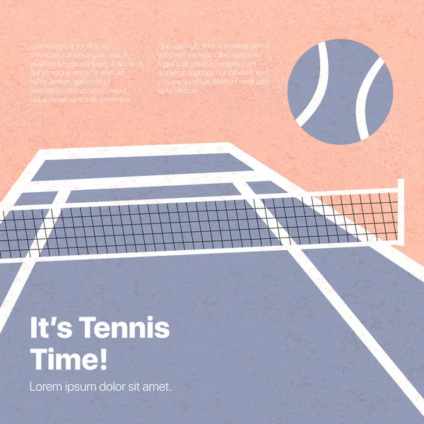 Tenis kortu vektör düz çizim metin alanı ve dokuları ile. Aktif yaşam tarzı, tenis turnuvası veya şampiyonluk afişi tasarımı. Sosyal medya, kartlar ve internet için büyük tenis turnuvası afişi.
