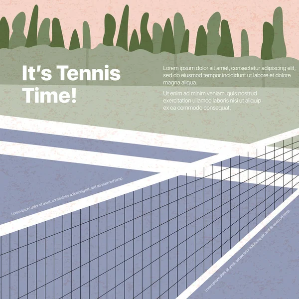 Tenis kortu vektör düz çizim metin alanı ve dokuları ile. Aktif yaşam tarzı, tenis turnuvası veya şampiyonluk afişi tasarımı. Sosyal medya, kartlar ve internet için büyük tenis turnuvası afişi.