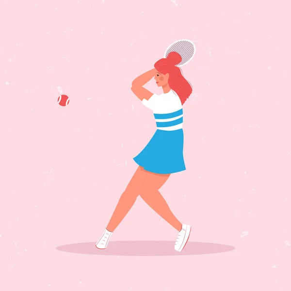 Mujer Jugando Gran Vector Tenis Ilustración Plana Aislada Sobre Fondo — Vector de stock