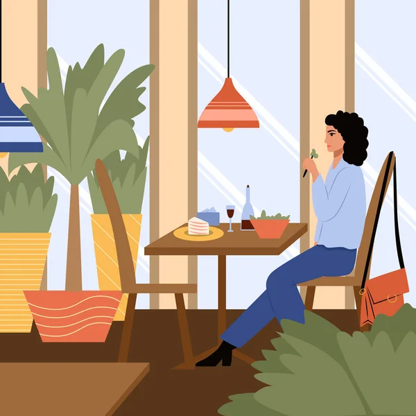 Jovem mulher em roupas modernas sentado no café ou restaurante e ter um jantar vetor plana desenho animado ilustração. —  Vetores de Stock