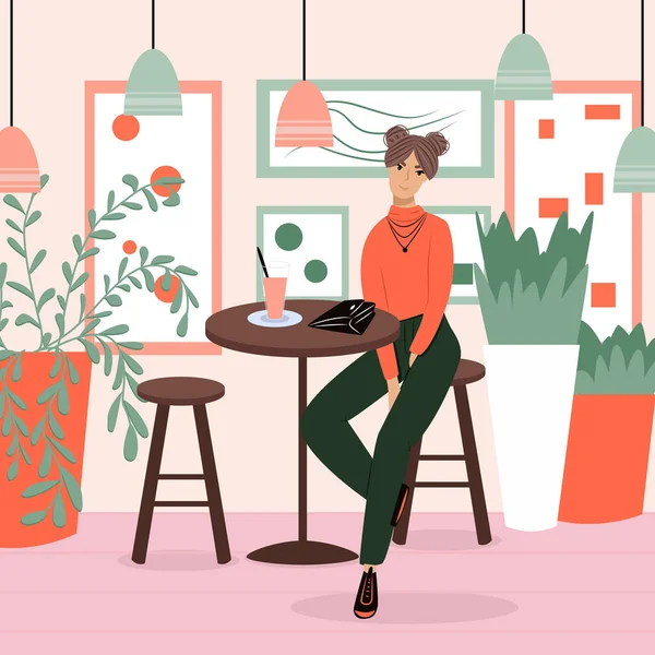 Mujer sonriente feliz en ropa moderna sentado en el restaurante o café vector ilustración de dibujos animados plana. — Vector de stock