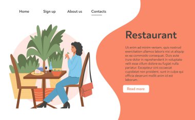 Modern elbiseli bir kadın kafeteryada ya da restoranda oturuyor ve yemek vektörü düz çizgi film iniş sayfası tasarımına sahip..
