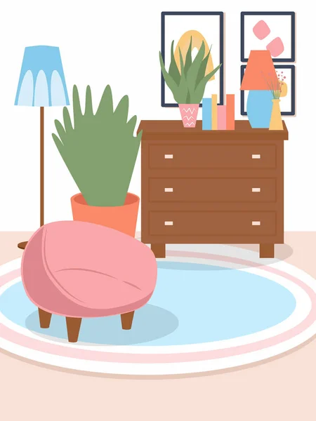 Interior moderno com mobiliário elegante e decoração de casa. Vetor plana ilustração de aconchegante sala de estar em apartmnets. —  Vetores de Stock