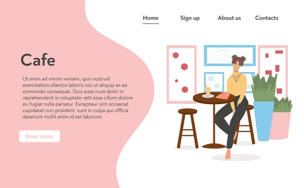 Modern elbiseli kadın restoranda ya da kafeterya vektörü düz çizgi film iniş sayfası şablonunda oturuyor.. — Stok Vektör