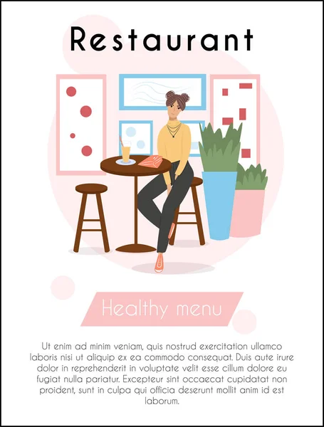 Femme heureuse en vêtements modernes assis au restaurant ou café vecteur plat modèle de carte de dessin animé avec du texte. — Image vectorielle