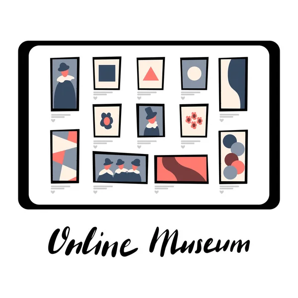 Online museum vector mobile application template με χειροποίητα γράμματα. — Διανυσματικό Αρχείο