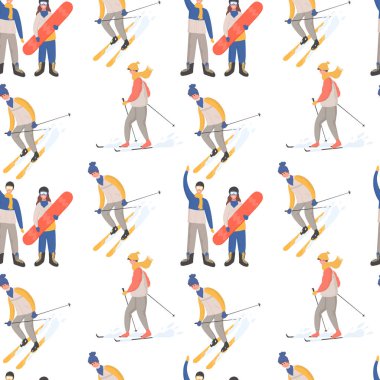 Kış sporu aktiviteleri düz çizgi film dizilimi. Kış kıyafetleri içinde insanlar kış aktiviteleri yapıyor..