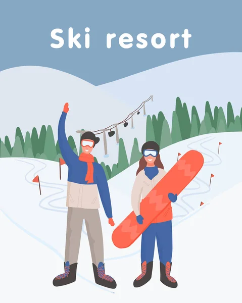 Jovens felizes no inverno roupas esportivas segurando snowboard e acenando ilustração desenho animado vetor. —  Vetores de Stock