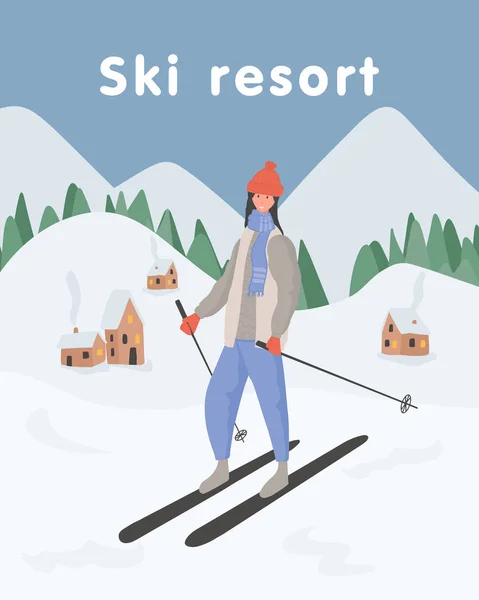 Junge glückliche Mädchen auf Ski Vektor flache Cartoon-Illustration reiten. Weiblicher Charakter bei Winteraktivitäten. — Stockvektor