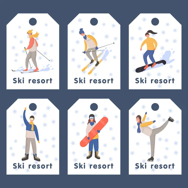 Set de insignias de estación de esquí. Hombres y mujeres esquiando, patinaje, snowboard vector plano ilustración de dibujos animados. — Vector de stock